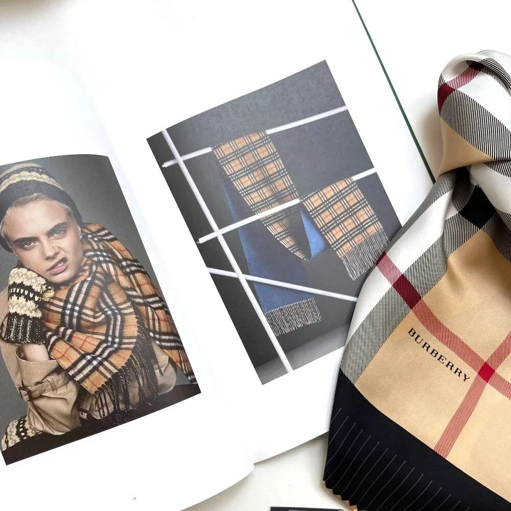 New Burberry Scarf House Check Beige Black Border Silk Scarf Wrap - Picture 8 of 14